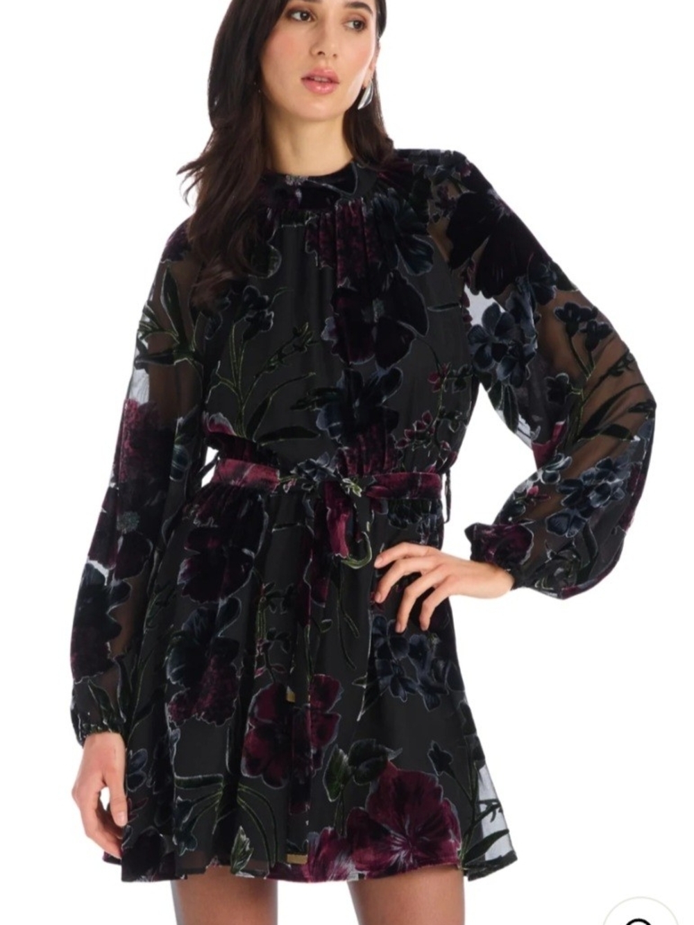 Black Floral Burnout Long-Sleeve Mini Dress with Self-Tie Belt